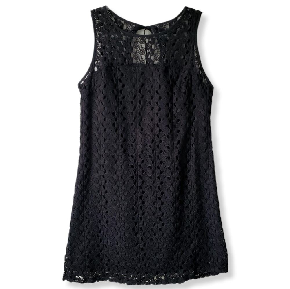 Black Crochet Mini Shift Babydoll Dress 14 Cocktail Boho Chic Modern Party NEW